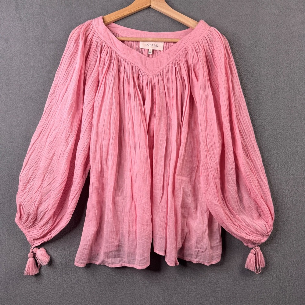 THE GREAT. Pink Cotton Gauze Peasant Blouse Tassel Long Sleeve Top Size 0